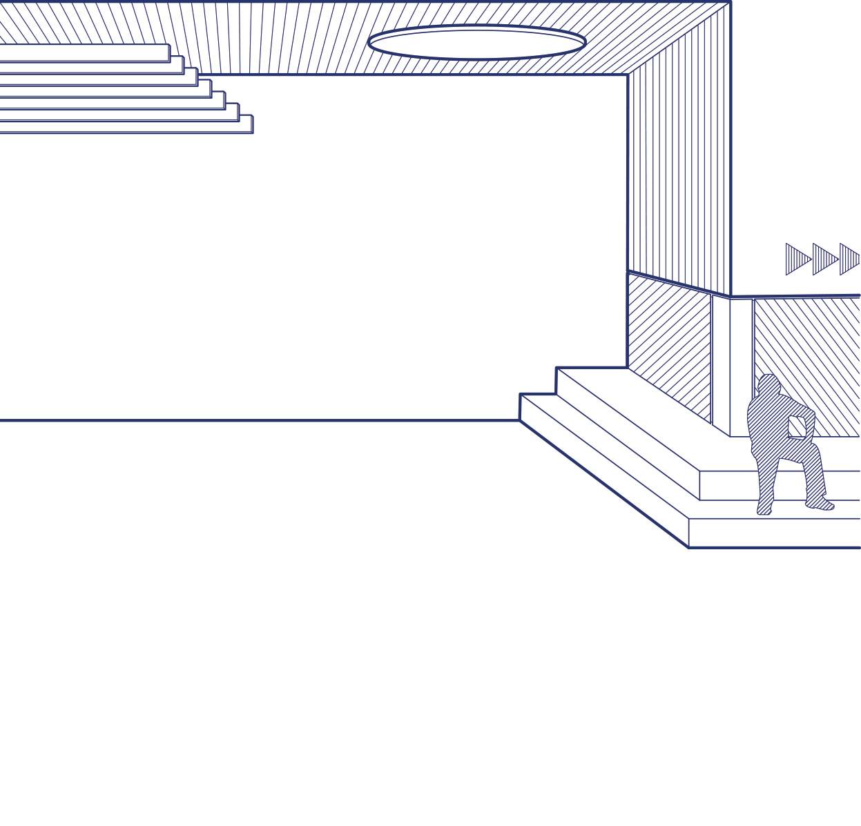 Un dessin architectural minimaliste présente des escaliers abstraits avec une figure solitaire assise sur des marches, se fondant parfaitement dans le design, rappelant l'art mural.