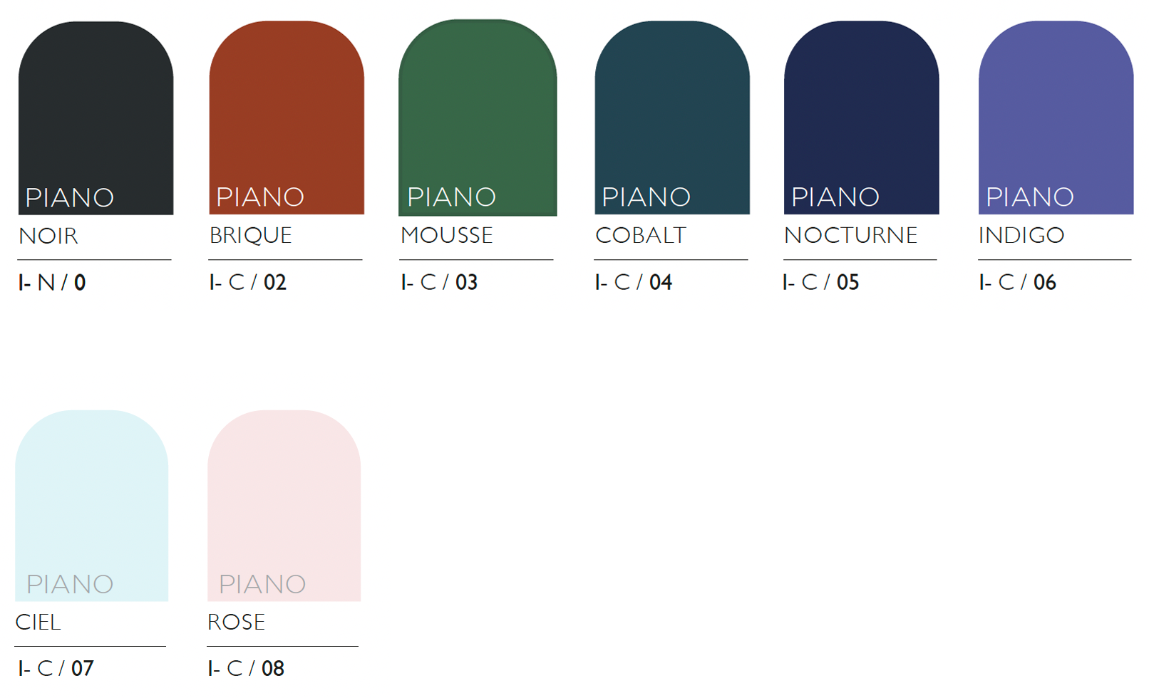 Les nuanciers étiquetés : Noir, Brique, Mousse, Cobalt, Nocturne, Indigo, Ciel, Rose avec leurs codes respectifs apportent une touche vibrante à votre palette de design. Idéal pour créer de superbes Panneaux acoustiques ou d'élégantes installations Suspendus.