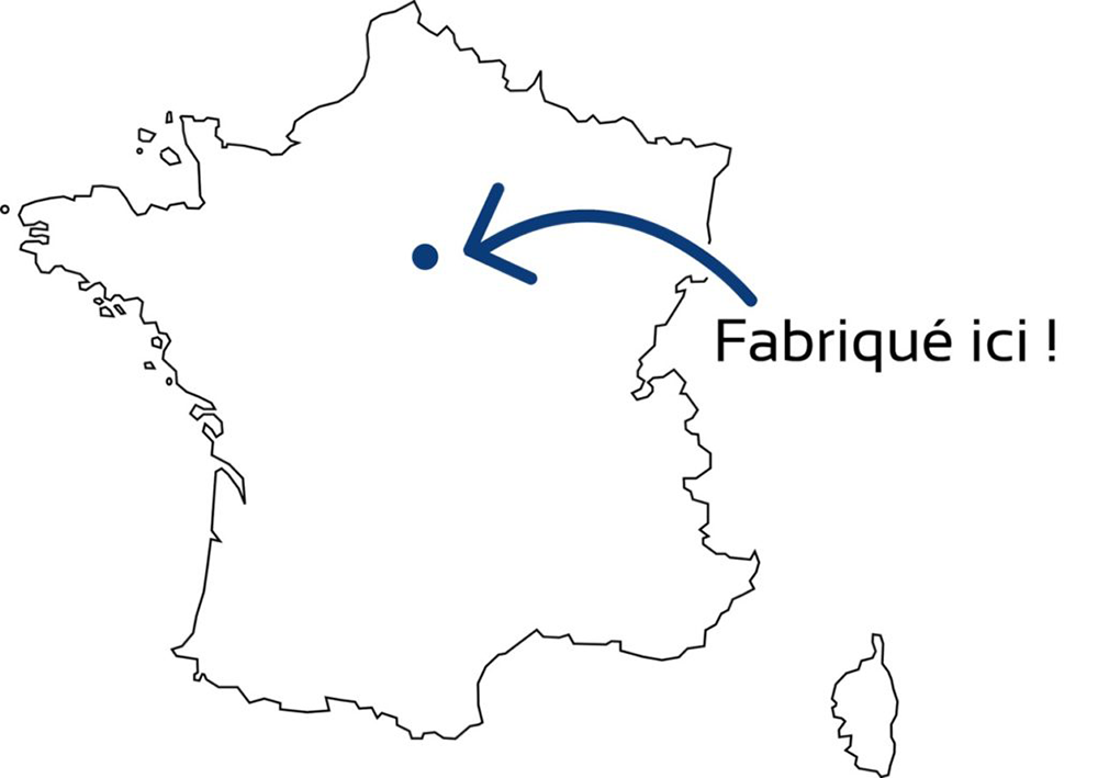 Carte de France avec une flèche pointant vers le nord, affichant le texte « Fabriqué ici ! » à côté d'une collection d'élégants panneaux acoustiques.