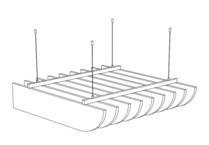 Dessin au trait d'une conception architecturale de plafond suspendu avec panneaux courbes et tiges de support, comportant des panneaux acoustiques intégrés à la structure.