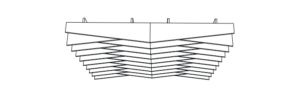 Dessin au trait d'une structure trapézoïdale symétrique multicouche vue de face, comportant des éléments suspendus rappelant des panneaux acoustiques.