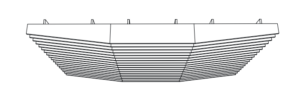 Dessin au trait d'un stade rectangulaire à plusieurs niveaux vu de côté, doté d'élégants panneaux acoustiques pour améliorer la qualité sonore dans tout l'espace.