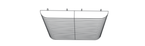 Illustration en noir et blanc d'un objet semi-circulaire en couches avec des lignes horizontales et de petites languettes sur le dessus, rappelant les panneaux acoustiques utilisés pour améliorer la qualité du son sur les plafonds ou les murs.